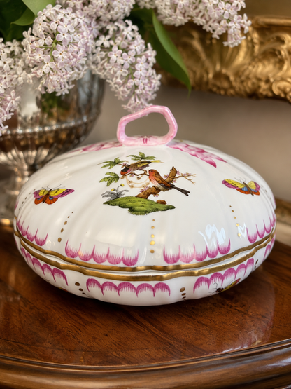 Herend Rothschild Bird Porcelain Covered Bonbon Dish | Pink Ribbon Finial | 6.5”