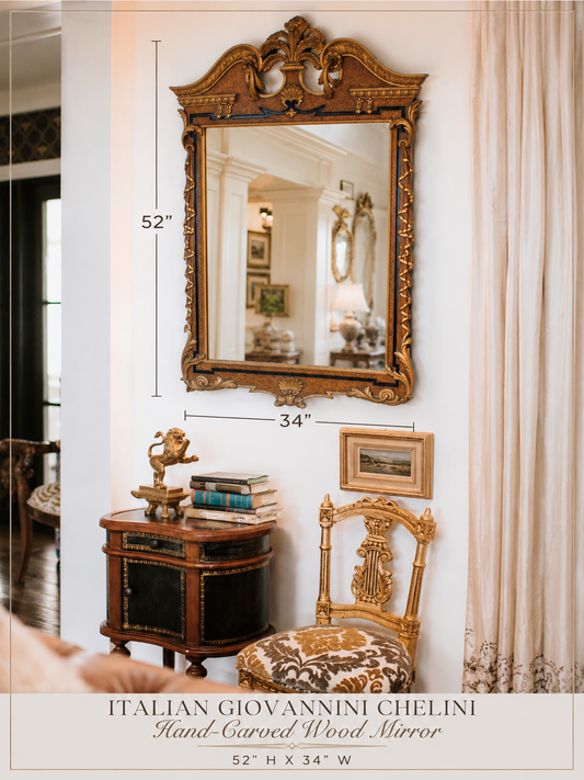 Italian Giovannini Chelini Hand-Carved Gilt Wood Mirror with Shell Crest Pediment | 52” x 34”