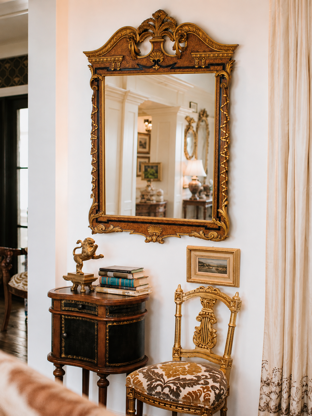 Italian Giovannini Chelini Hand-Carved Gilt Wood Mirror with Shell Crest Pediment | 52” x 34”