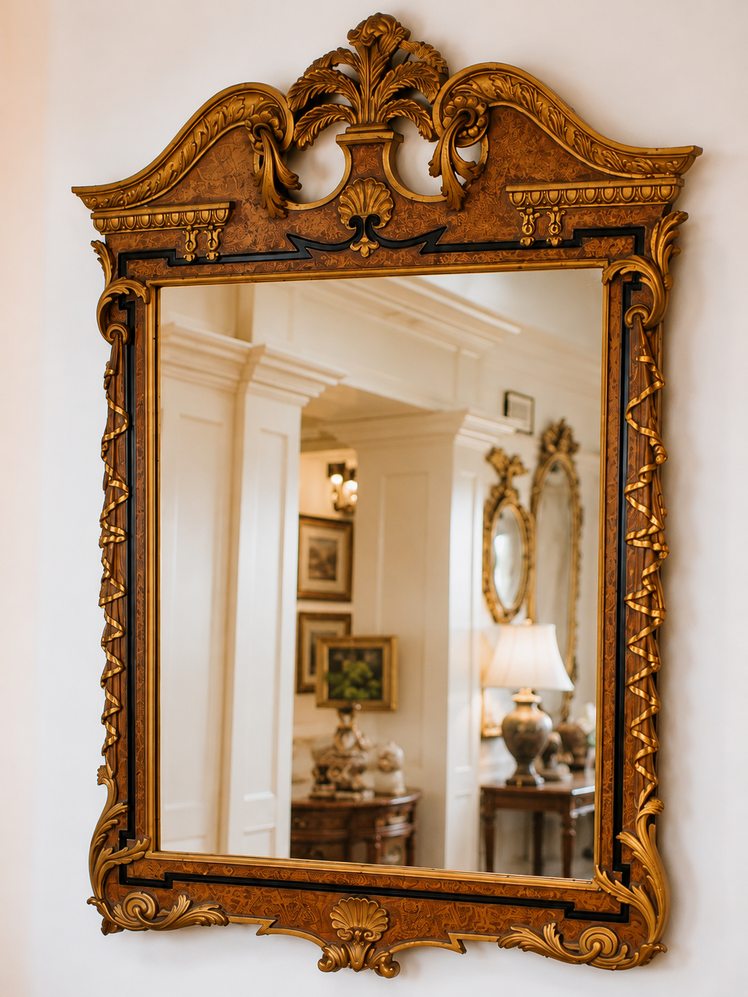 Italian Giovannini Chelini Hand-Carved Gilt Wood Mirror with Shell Crest Pediment | 52” x 34”