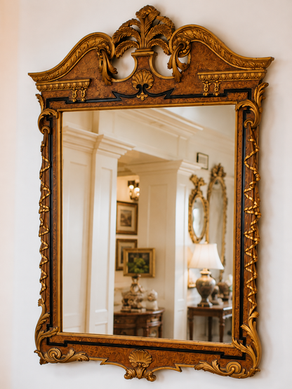 Italian Giovannini Chelini Hand-Carved Gilt Wood Mirror with Shell Crest Pediment | 52” x 34”