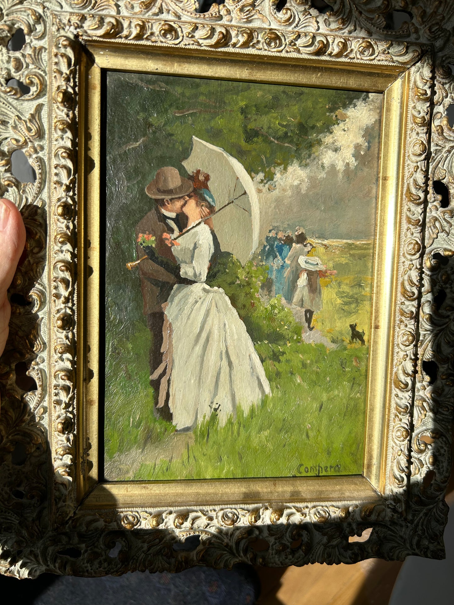 Romantic Original Antique Oil Painting on Board German artist Reinicke c. 1890