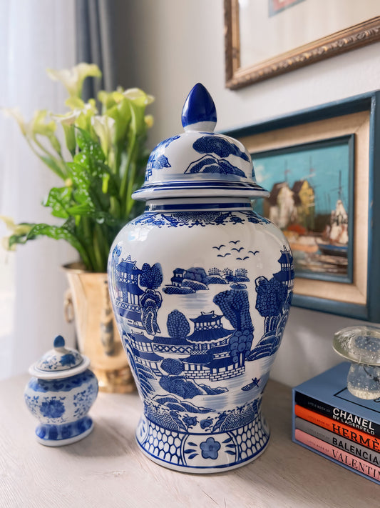 Large Blue and White Willow Style Ginger Jar