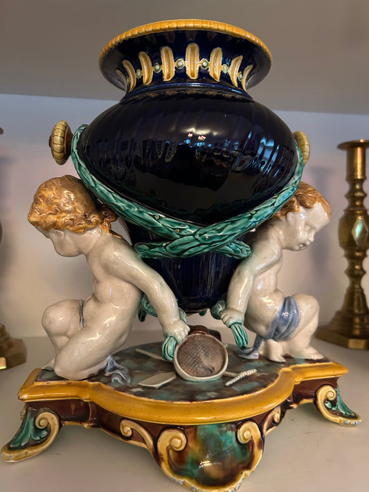 Rare Antique Wedgwood Majolica Pottery Vase with Gardening Cherubs
