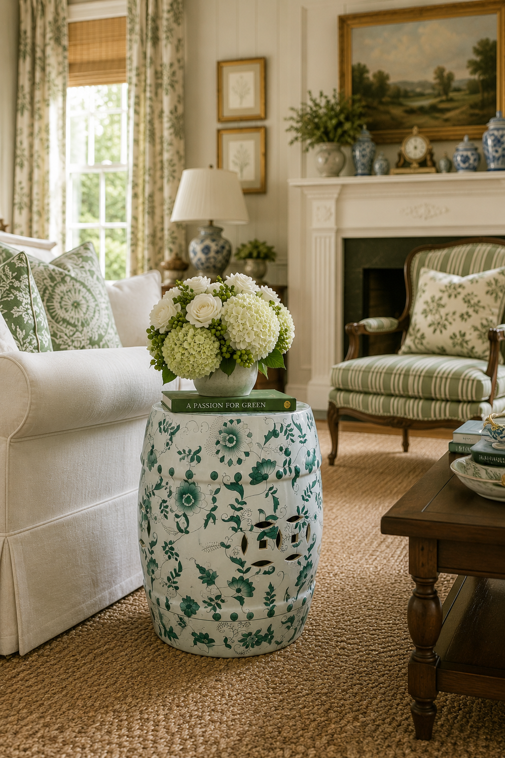 Chinoiserie 18” Green & White Porcelain Garden Stool – Pierced Drum Form with Floral Scrollwork