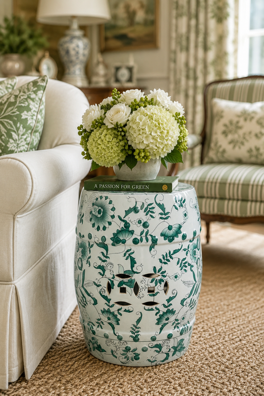 Chinoiserie 18” Green & White Porcelain Garden Stool – Pierced Drum Form with Floral Scrollwork