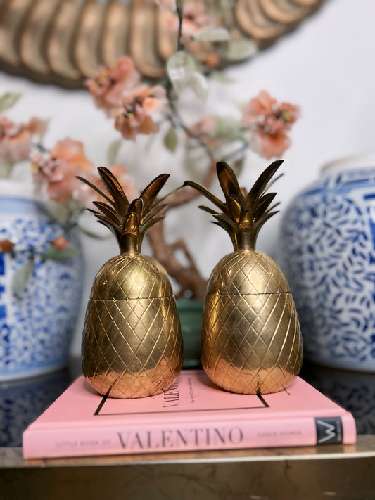 Vintage Pair of Brass Pineapple Covered Containers / Candle Stick Holders