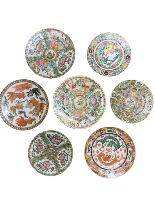 Stunning Set of 7 Antique Rose Medallion Cantonese Famille & Fish Hand Painted Plates