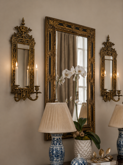 Pair of Ornate Brass Koi Fish Mirrored Wall Sconces with Double Candle Holders | 20.5” x 10”