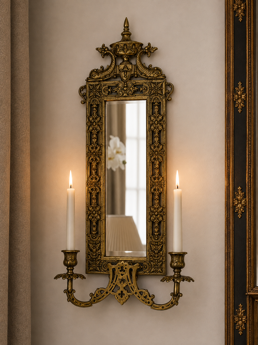 Pair of Ornate Brass Koi Fish Mirrored Wall Sconces with Double Candle Holders | 20.5” x 10”