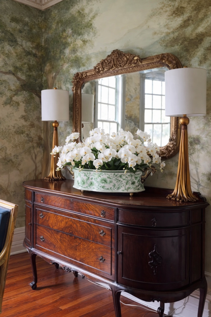 Danny's Fine Porcelain -  Green & White Porcelain "Prim rose" Basin, Bronze Detailing, 22x11" #14315