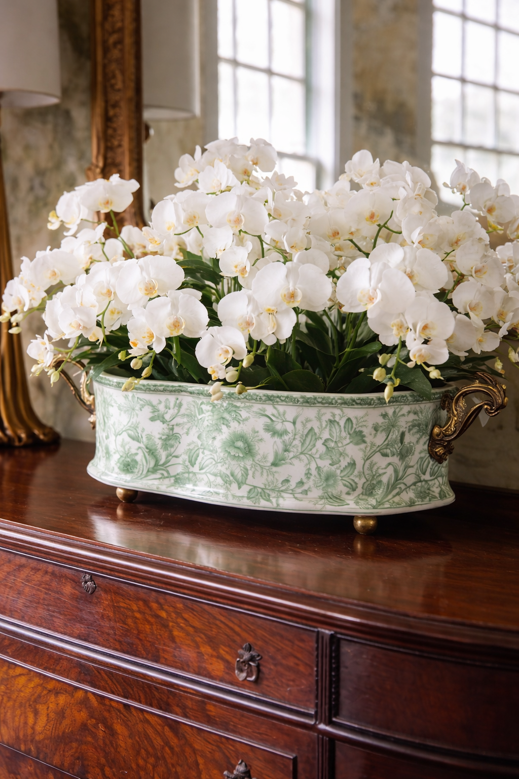 Danny's Fine Porcelain -  Green & White Porcelain "Prim rose" Basin, Bronze Detailing, 22x11" #14315