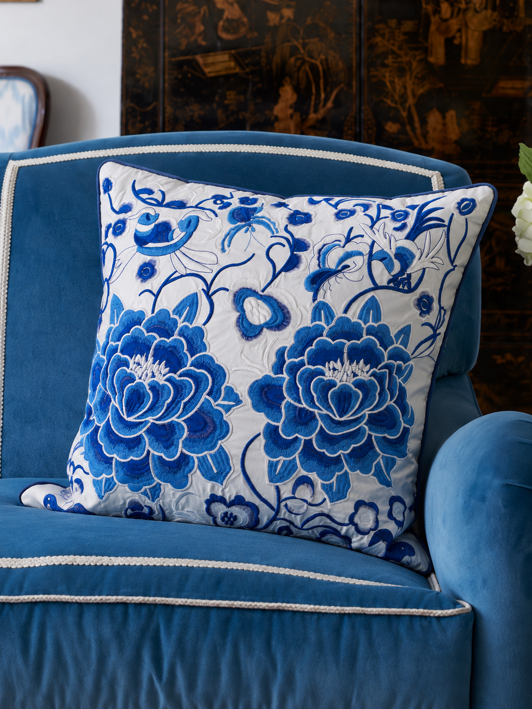 Danny's Fine Porcelain - Blue & White, 20x20" Silk Peony Floral, Embroidered Pillow W/ Insert