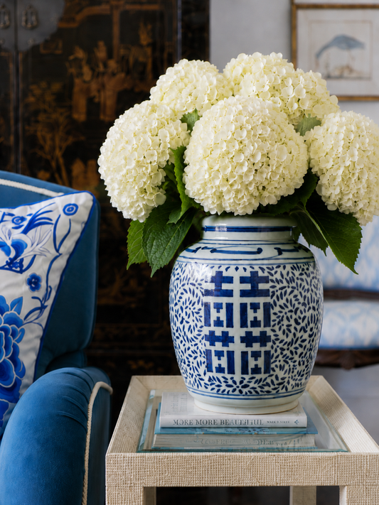 Vintage Blue & White Double Happiness Ginger Jar with Lid 9.5” Tall Chinese Porcelain