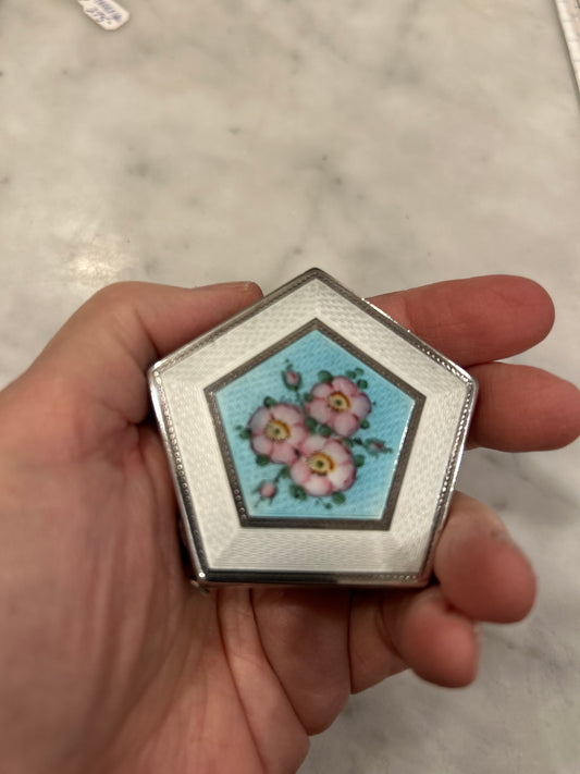 Silver and Guilloche Enamel Compact with Pink flowers