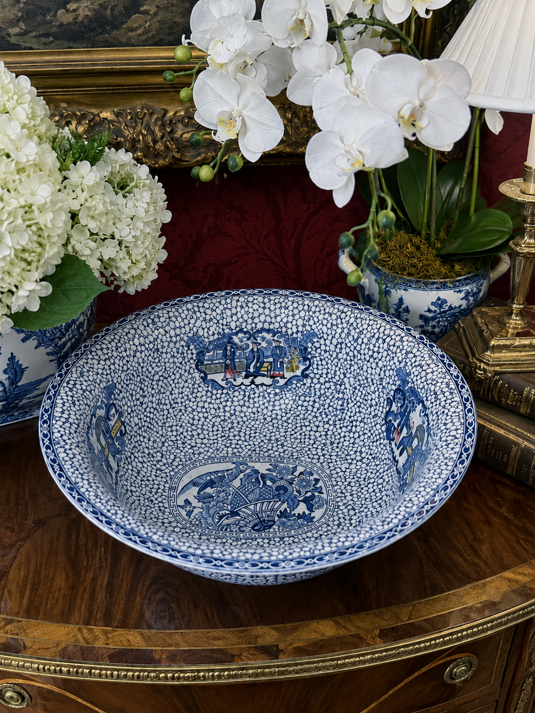 Antique Adams Chinese Bird Wash Basin | Large Blue & White English Transferware Bowl | 15”