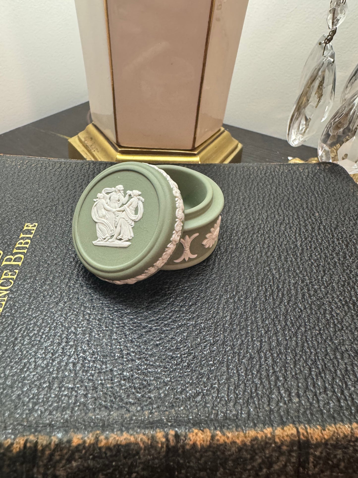 Sage green Wedgwood small trinket box 1” tall