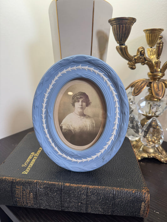 Wedgwood lavender frame with female portrait 6.5” tall