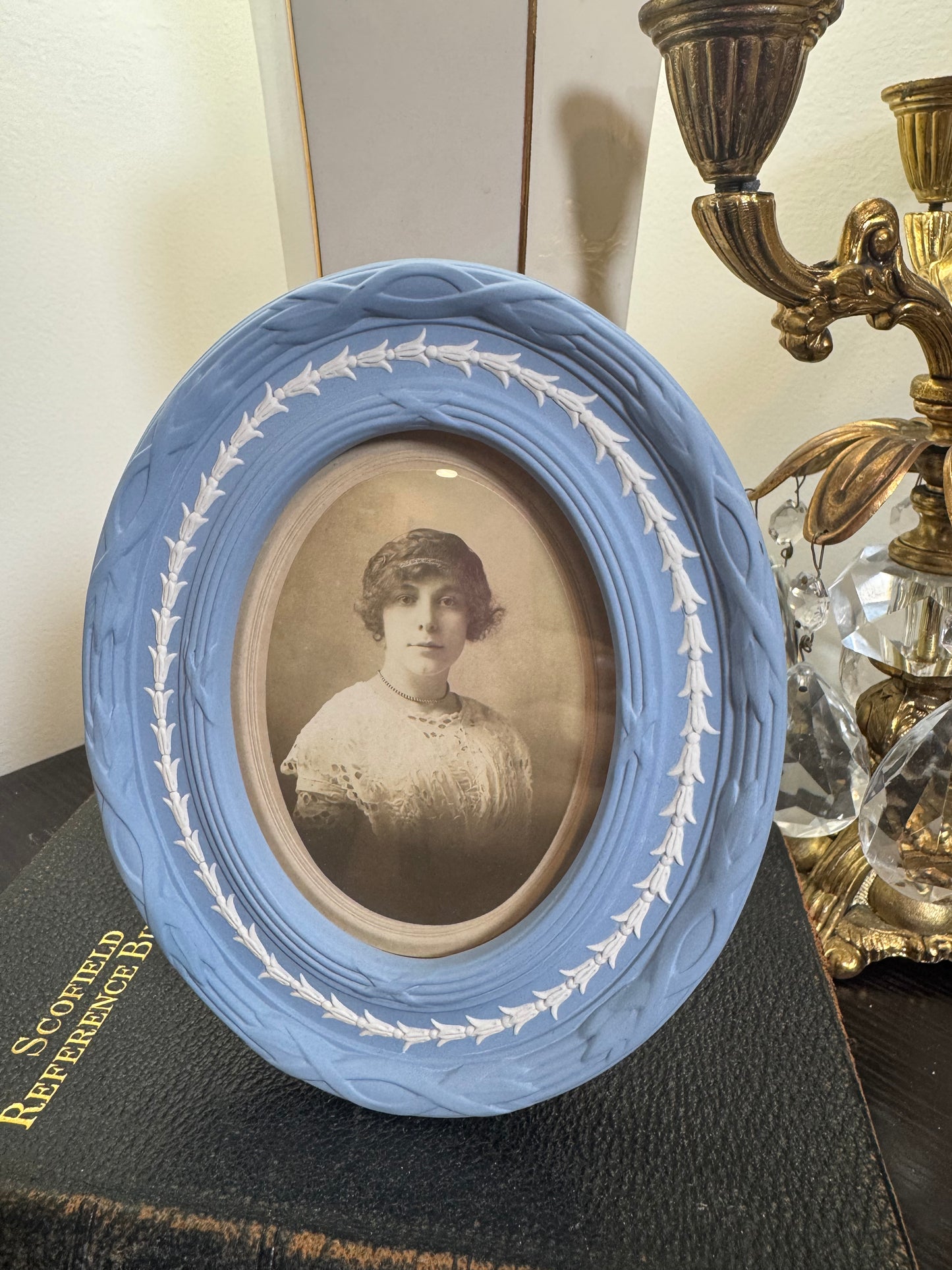 Wedgwood lavender frame with female portrait 6.5” tall