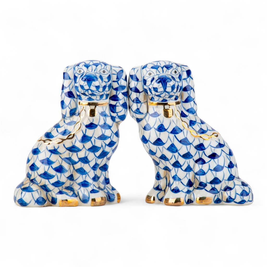 Danny’s Fine Porcelain Blue & White Spaniel Dog Figure Pair W/ Gold Accent (2 sizes to choose).