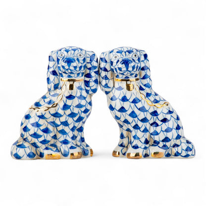 Danny’s Fine Porcelain Blue & White Spaniel Dog Figure Pair W/ Gold Accent (2 sizes to choose).