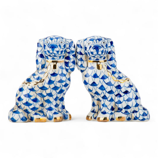 Danny’s Fine Porcelain Blue & White Spaniel Dog Figure Pair W/ Gold Accent (2 sizes to choose).