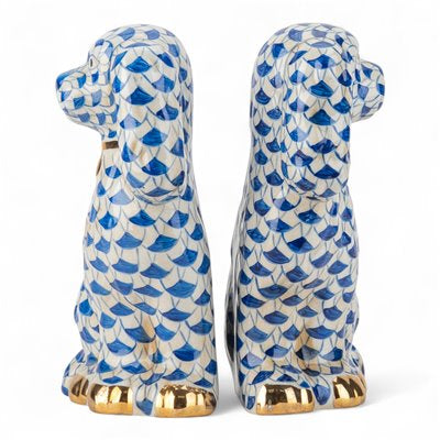 Danny’s Fine Porcelain Blue & White Spaniel Dog Figure Pair W/ Gold Accent (2 sizes to choose).
