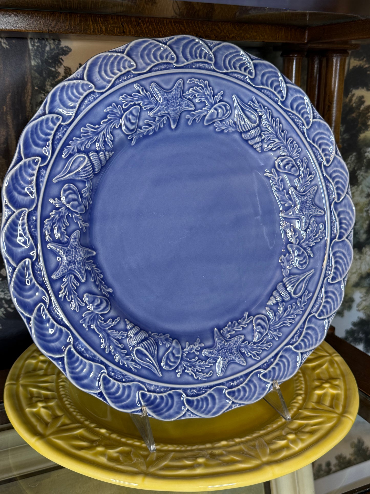 RESERVED - JIL - Vintage Bordallo Pinheiro Seashell Service Blue Charger Plate | Shell & Starfish Majolica | 12.5”