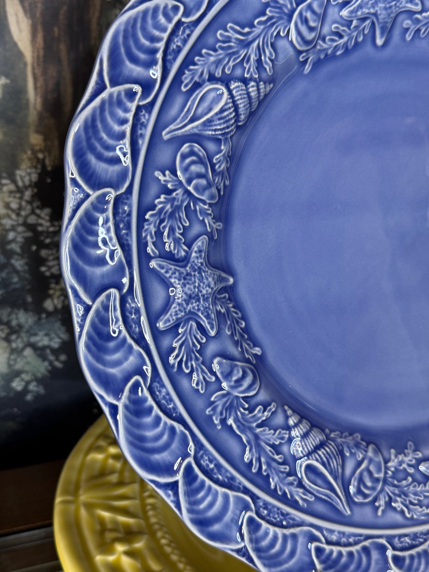 RESERVED - JIL - Vintage Bordallo Pinheiro Seashell Service Blue Charger Plate | Shell & Starfish Majolica | 12.5”