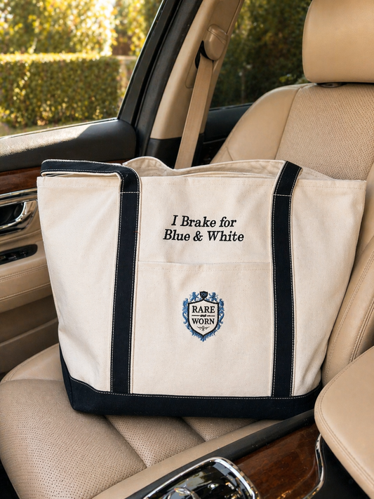 Rare and Worn | I Brake for Blue & White EmbroideredCanvas Large  Tote — Heritage Collection