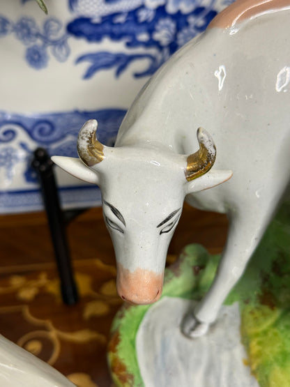 Antique Staffordshire Cow & Milkmaid Flatback Figures | Right & Left Pair | Victorian England | c.1860