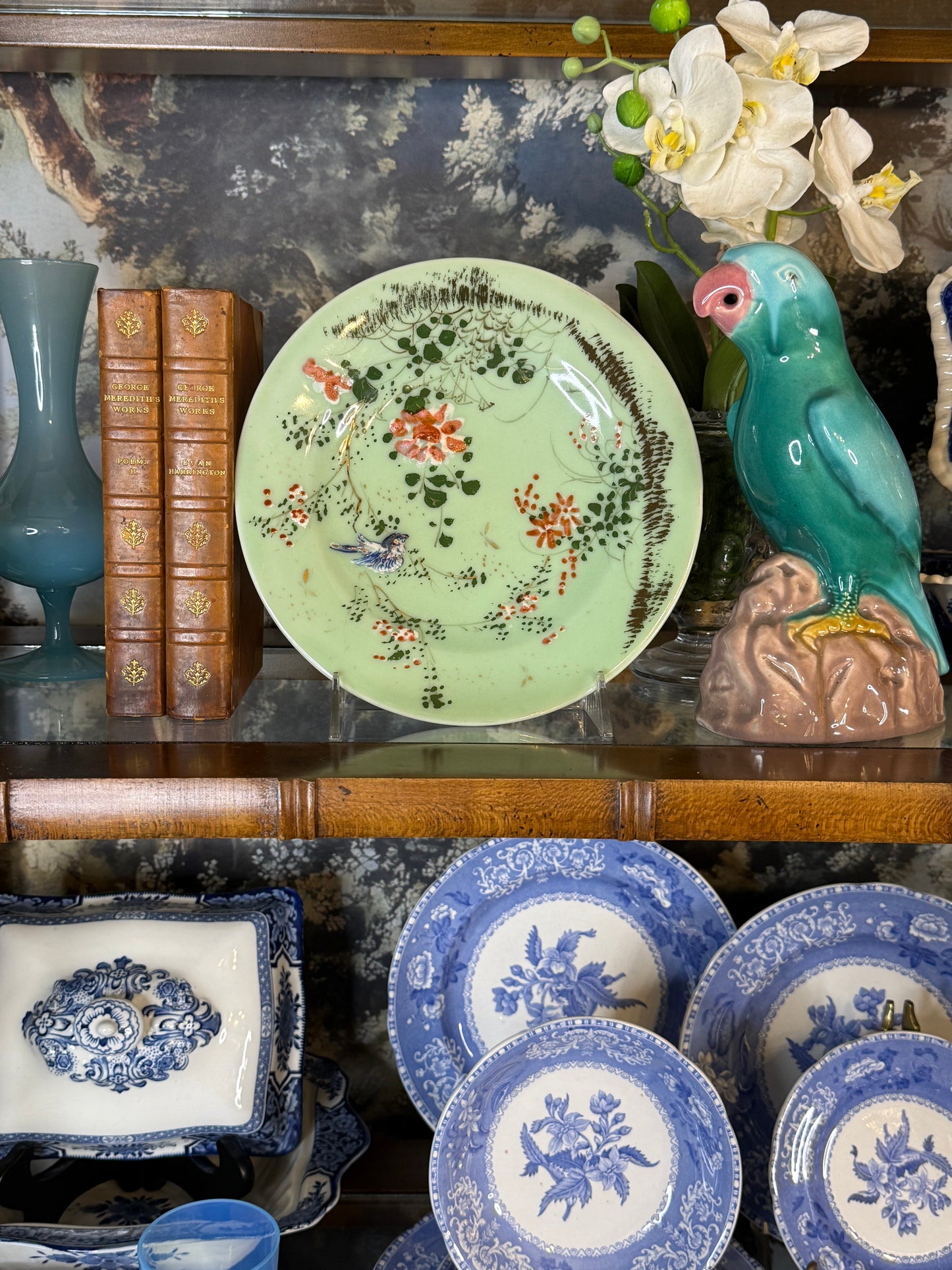 Vintage Chinese Celadon-Style Reproduction Plate | Bird & Floral Motif | 8.5”