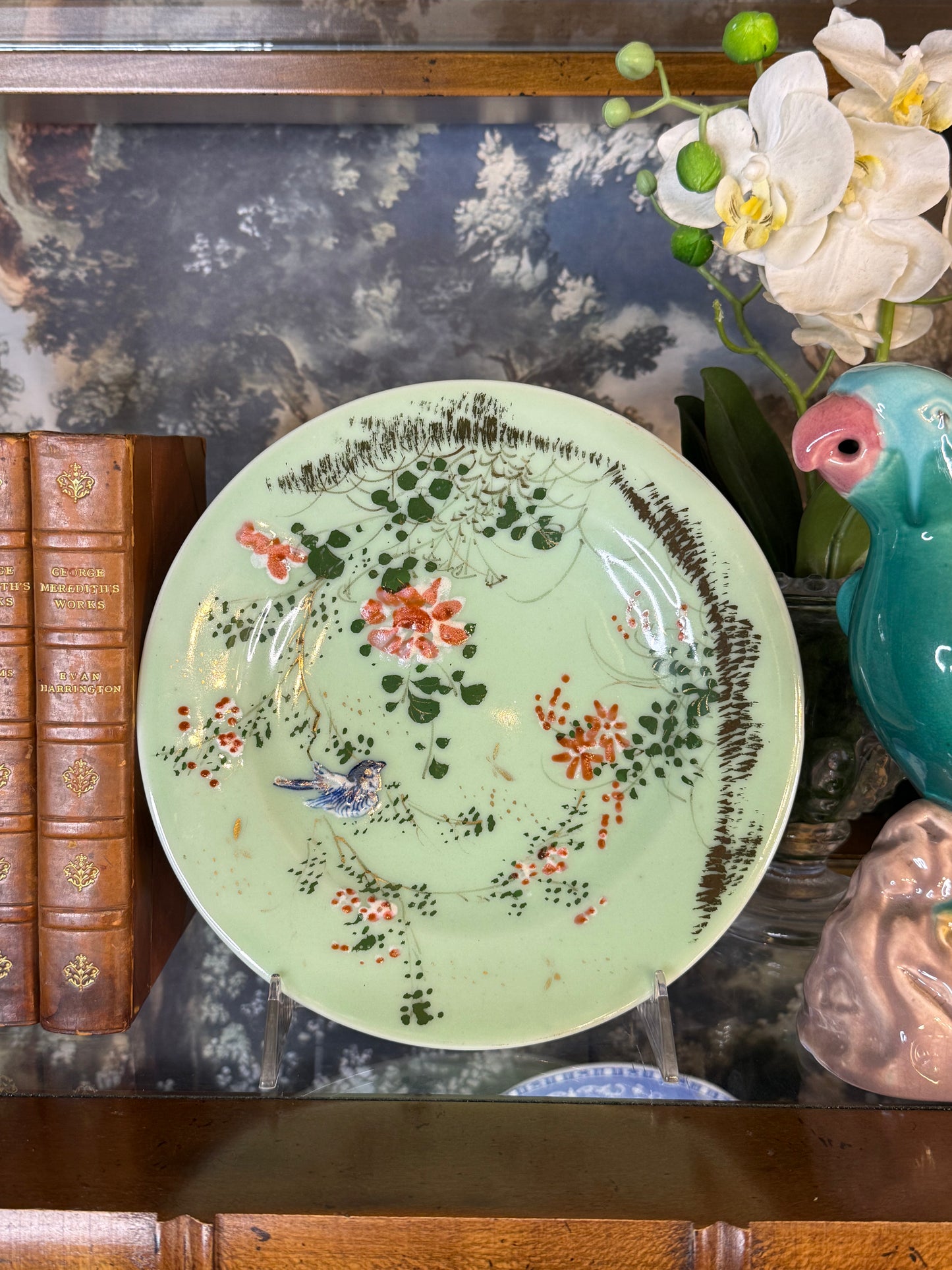 Vintage Chinese Celadon-Style Reproduction Plate | Bird & Floral Motif | 8.5”