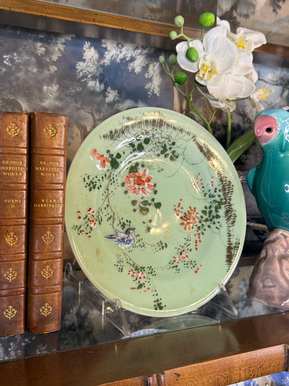 Vintage Chinese Celadon-Style Reproduction Plate | Bird & Floral Motif | 8.5”
