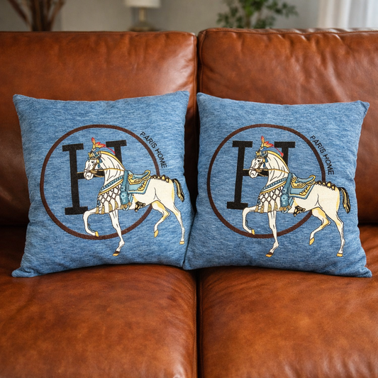 Luxury Equestrian “H” Square Horse Pillow W/ Down Insert – Blue, 18x18”