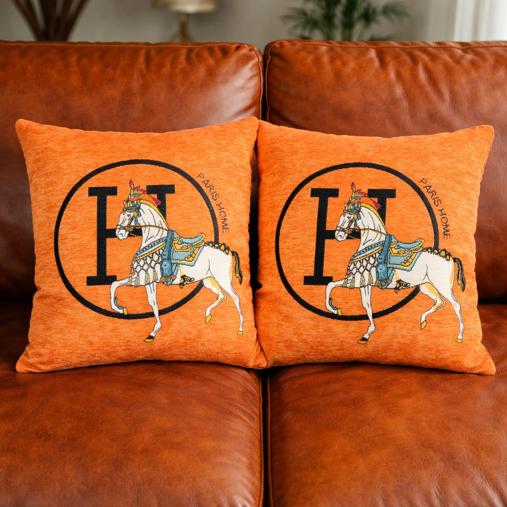 Luxury Equestrian “H” Square Horse Pillow W/Down Insert – Orange, 18x18”