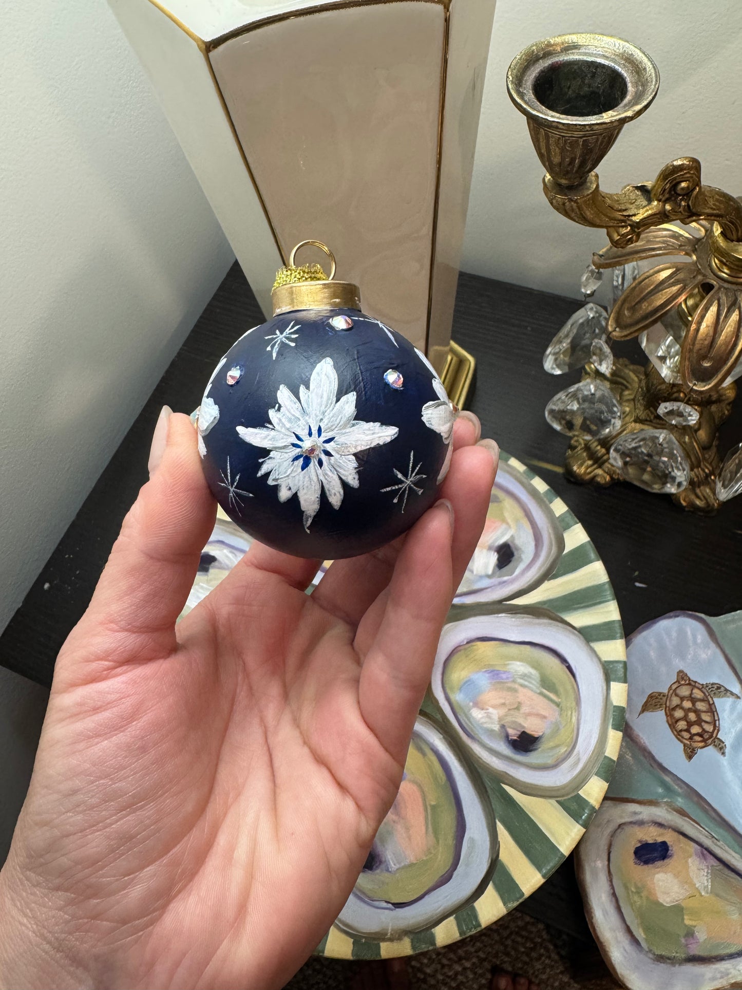 Reserved beautiful hand painted porcelain ornament dark blue