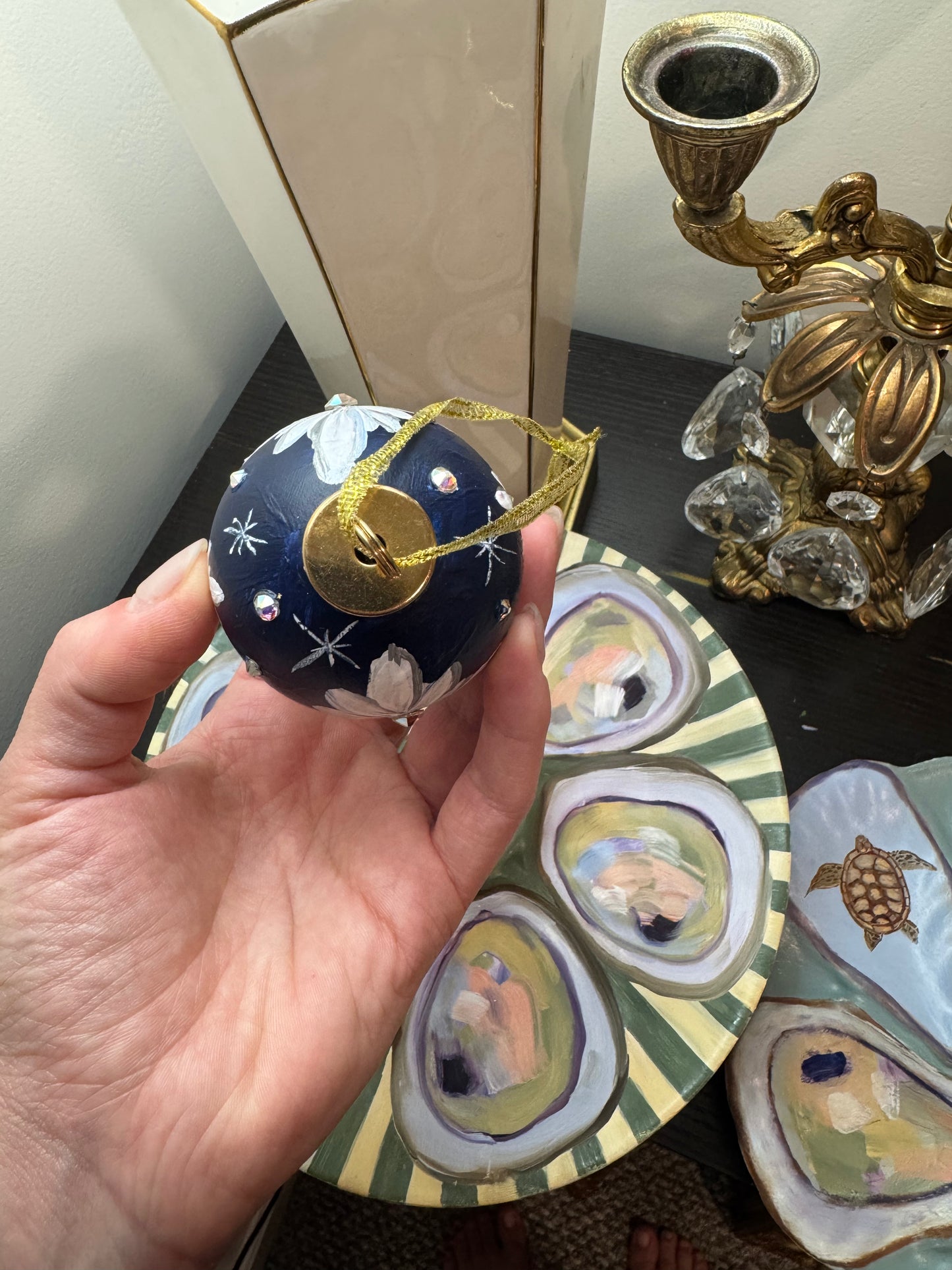 Reserved beautiful hand painted porcelain ornament dark blue