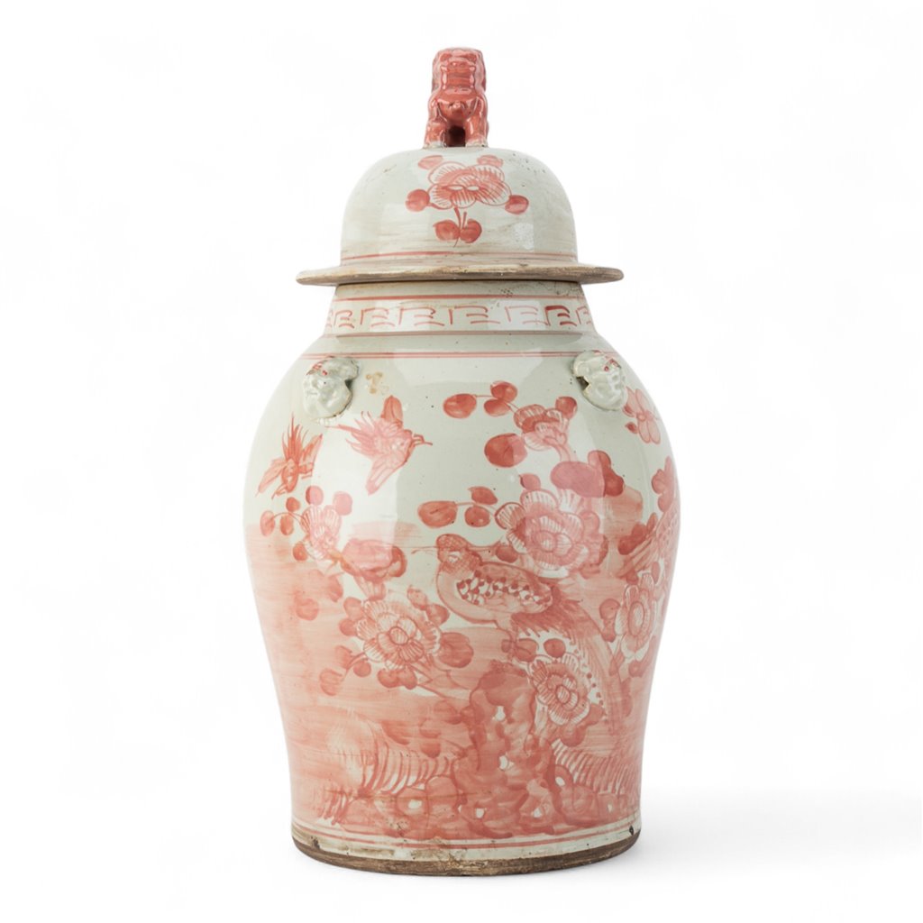 Danny’s Fine Porcelain: Red and White Porcelain Ginger Jar with Foo Dog Finial – 24” Tall
