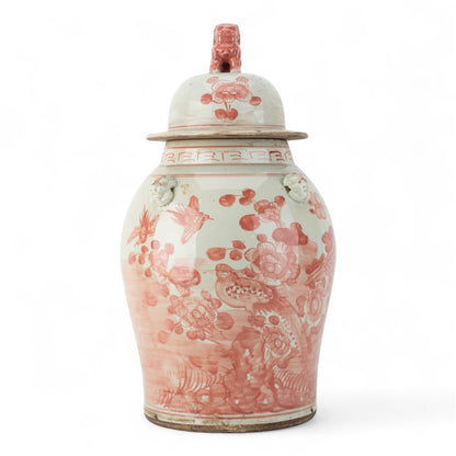 Danny’s Fine Porcelain: Red and White Porcelain Ginger Jar with Foo Dog Finial – 24” Tall