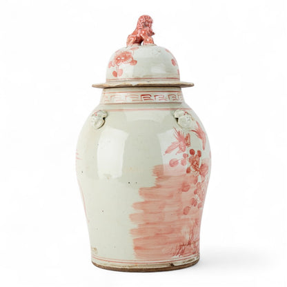 Danny’s Fine Porcelain: Red and White Porcelain Ginger Jar with Foo Dog Finial – 24” Tall