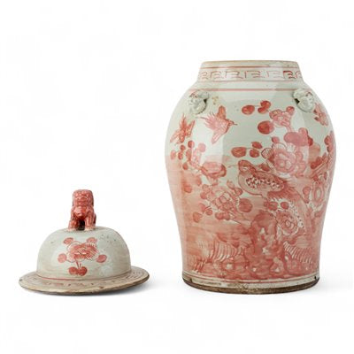 Danny’s Fine Porcelain: Red and White Porcelain Ginger Jar with Foo Dog Finial – 24” Tall