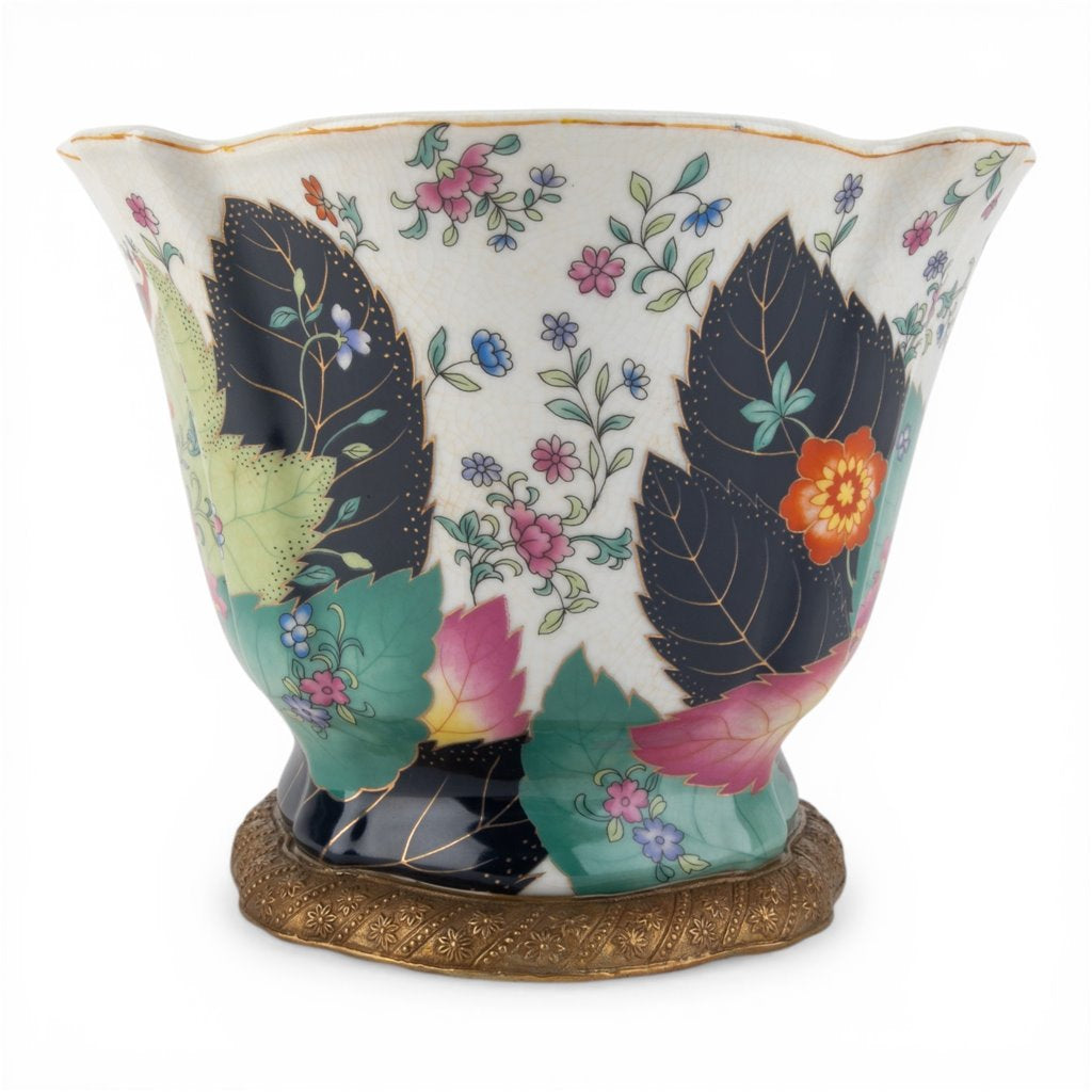 Danny's Fine Porcelain - Porcelain Tobacco Leaf Scalloped Bowl with Ormolu Base – 12.5”L x 11”W x 8.5”H