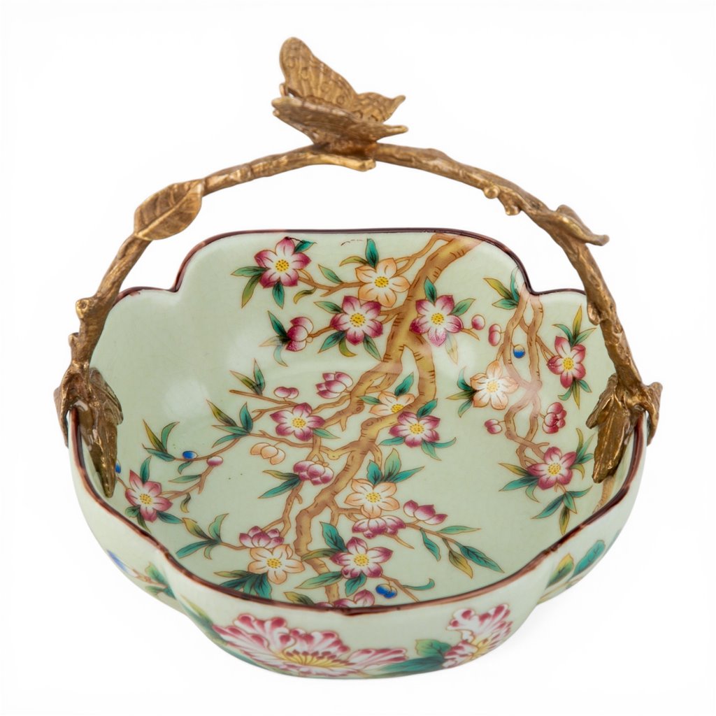 Danny's Fine Porcelain - Porcelain Floral Vine Bowl with Ormolu Butterfly Handle – 6”L x 5.5”W x 5.5”H