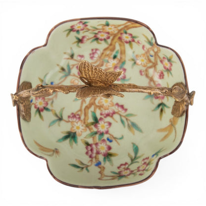 Danny's Fine Porcelain - Porcelain Floral Vine Bowl with Ormolu Butterfly Handle – 6”L x 5.5”W x 5.5”H