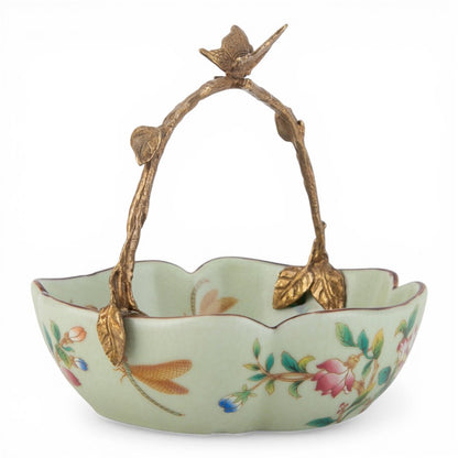 Danny's Fine Porcelain - Porcelain Floral Vine Bowl with Ormolu Butterfly Handle – 6”L x 5.5”W x 5.5”H
