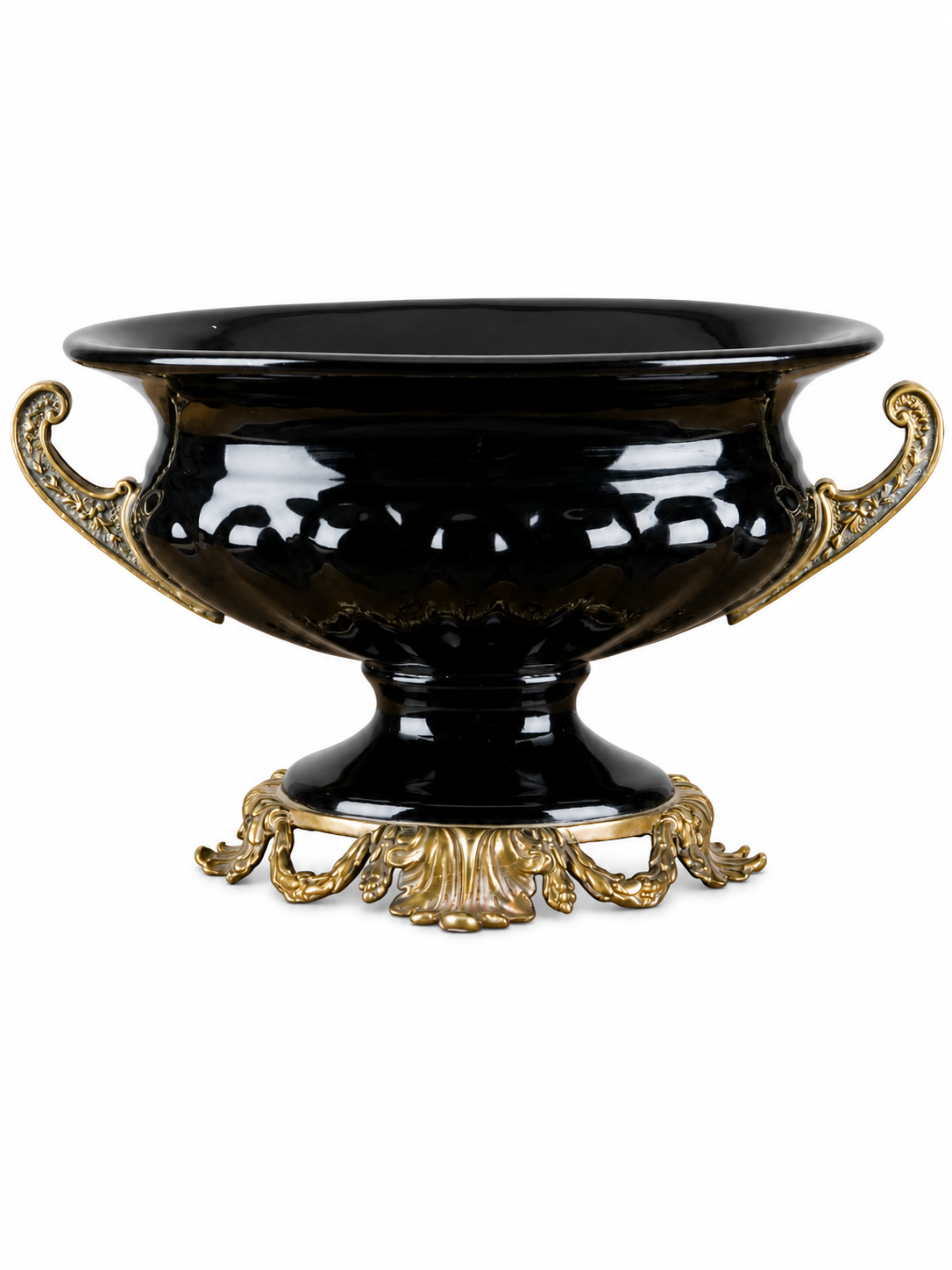 Danny's Fine Porcelain - Large Black Ebony pedestal urn W/ bronze detailing. Measures: 12Lx6Wx7H