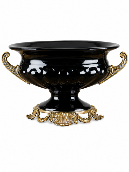 Danny's Fine Porcelain - Large Black Ebony pedestal urn W/ bronze detailing. Measures: 12Lx6Wx7H