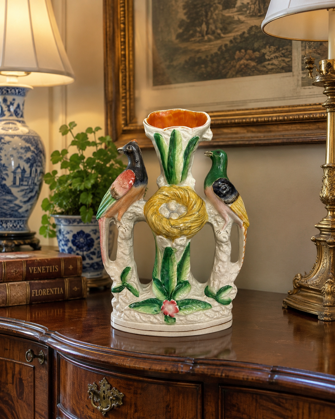 Antique 19th Century Staffordshire Bird Spill Vase with Nest | 12” Tall #DA4365
