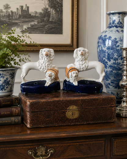 Antique Pair, 19th Century Staffordshire Spaniel Dogs with Puppy in Barrel #DA4422